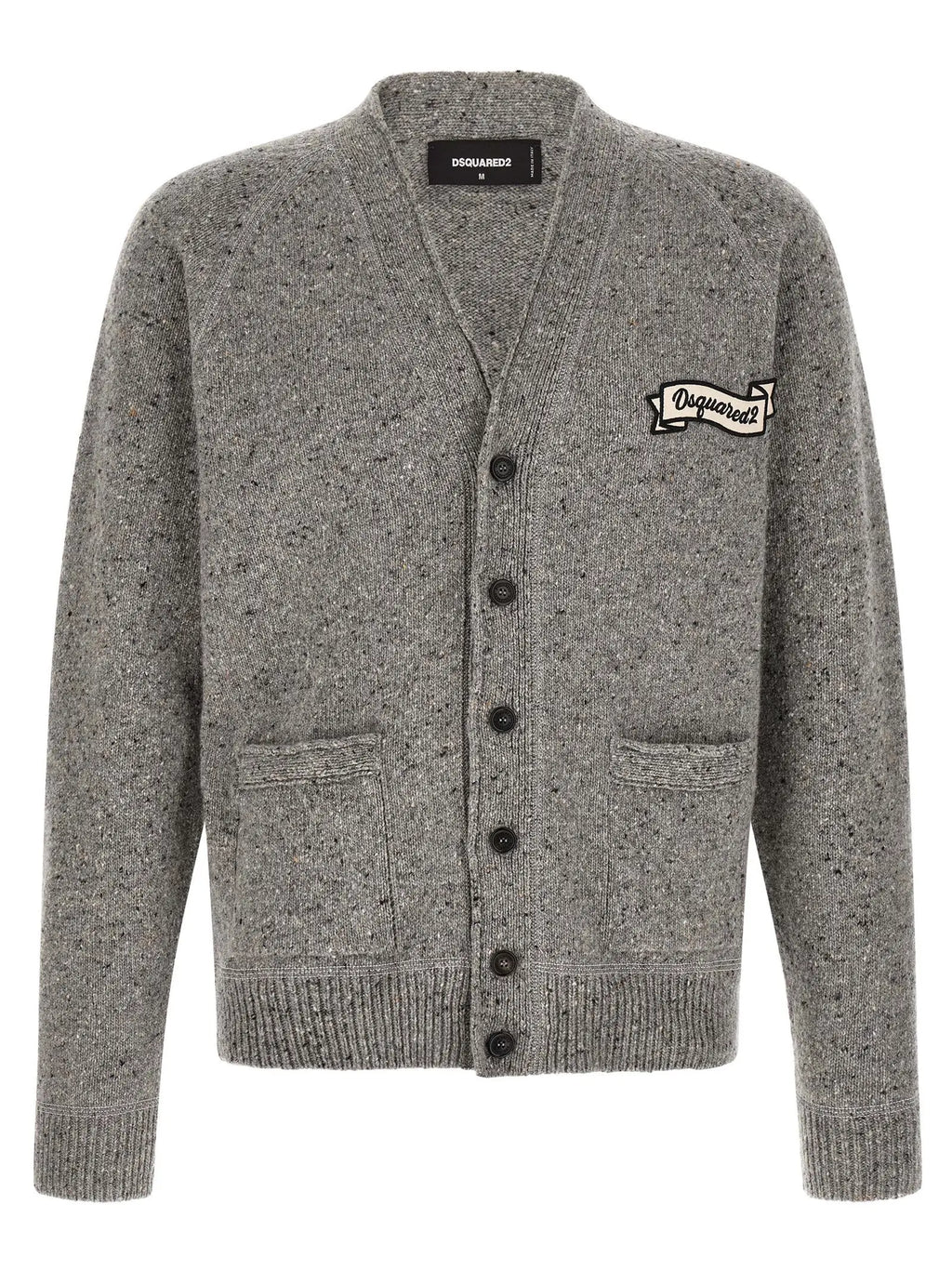 Cardigan en laine gris dsquared² avec boutons noirs et logo brodé blanc sur la poitrine gauche