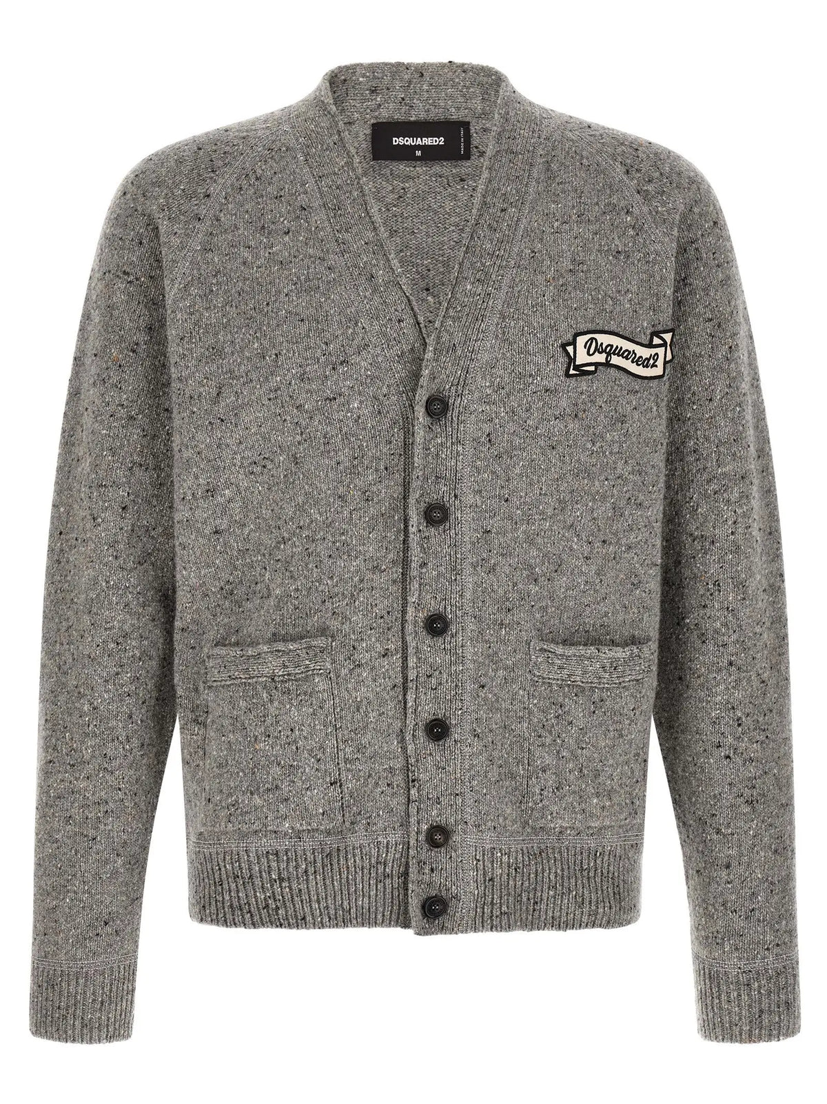 Cardigan en laine gris dsquared² avec boutons noirs et logo brodé blanc sur la poitrine gauche