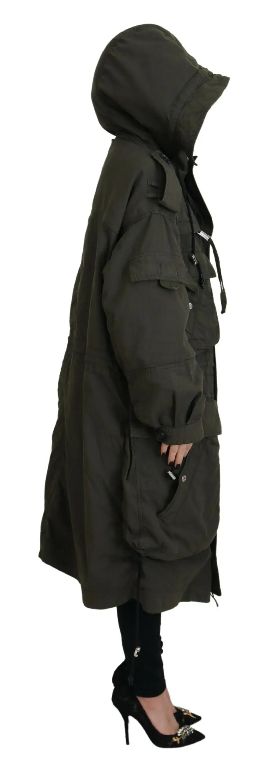 Dark olive green hooded trench coat with multiple pockets and drawstring hood by dsquared²