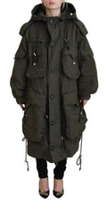 Dsquared² parka longue zippée verte olive à capuche avec poches multiples et cordons de serrage utilitaire