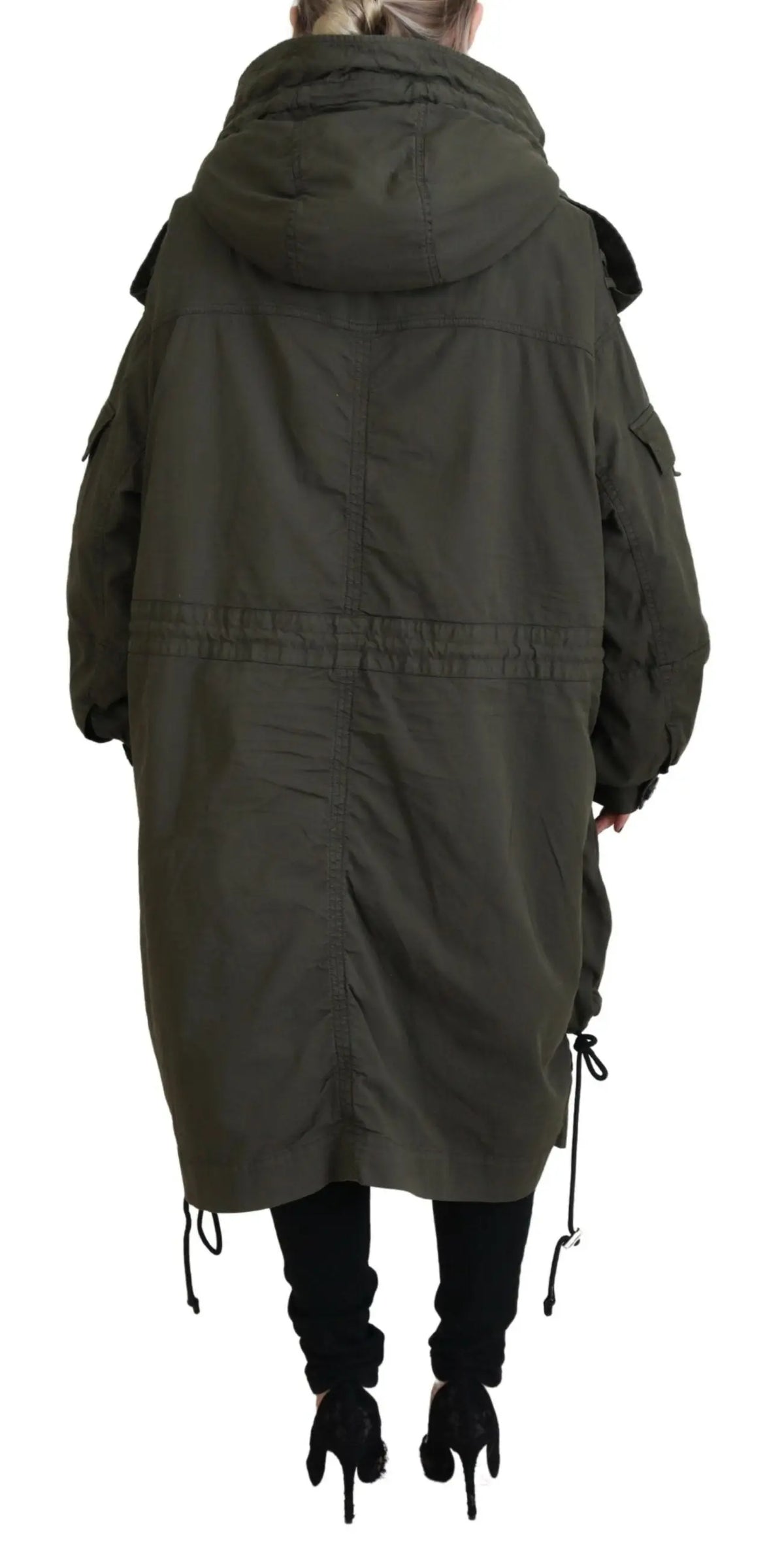 Parka longue verte olive dsquared² avec capuche, poches multiples et cordons de serrage à l’ourlet