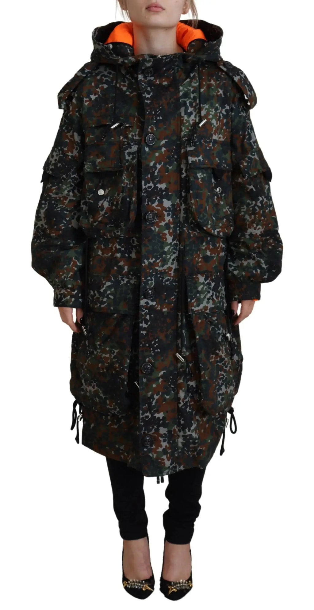 Dsquared² parka parka vert à capuche avec imprimé camouflage gothique et doublure orange en tissu matelassé