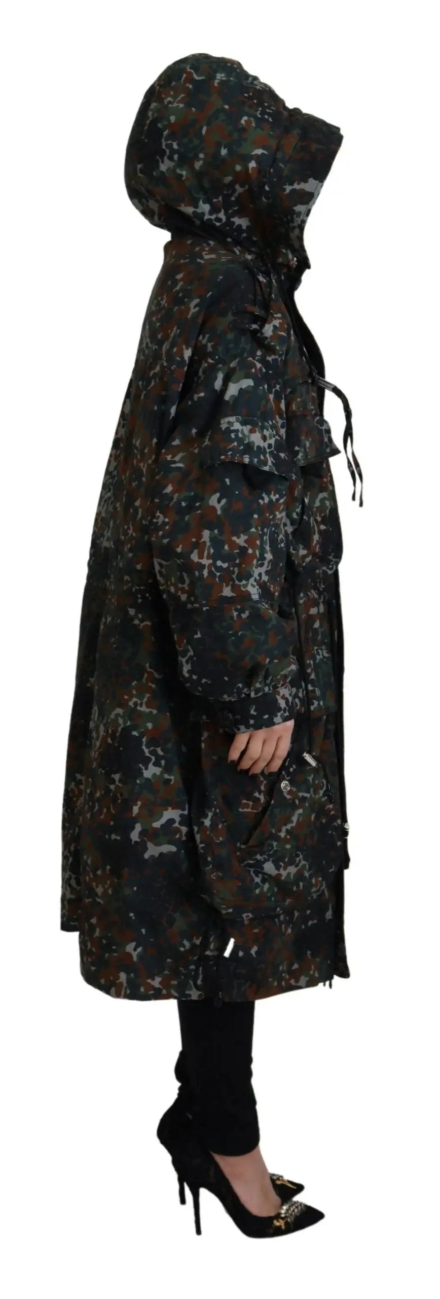 Parka manteau long dsquared² vert à capuche avec motif camouflage gothique et détails à cordon
