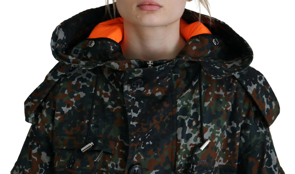Veste parka à capuche dsquared² goth camouflage vert foncé marron noir avec doublure intérieure orange vif