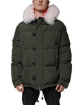 Veste matelassée olive dsquared² avec capuche doublée de fourrure blanche et boutons noirs manches longues