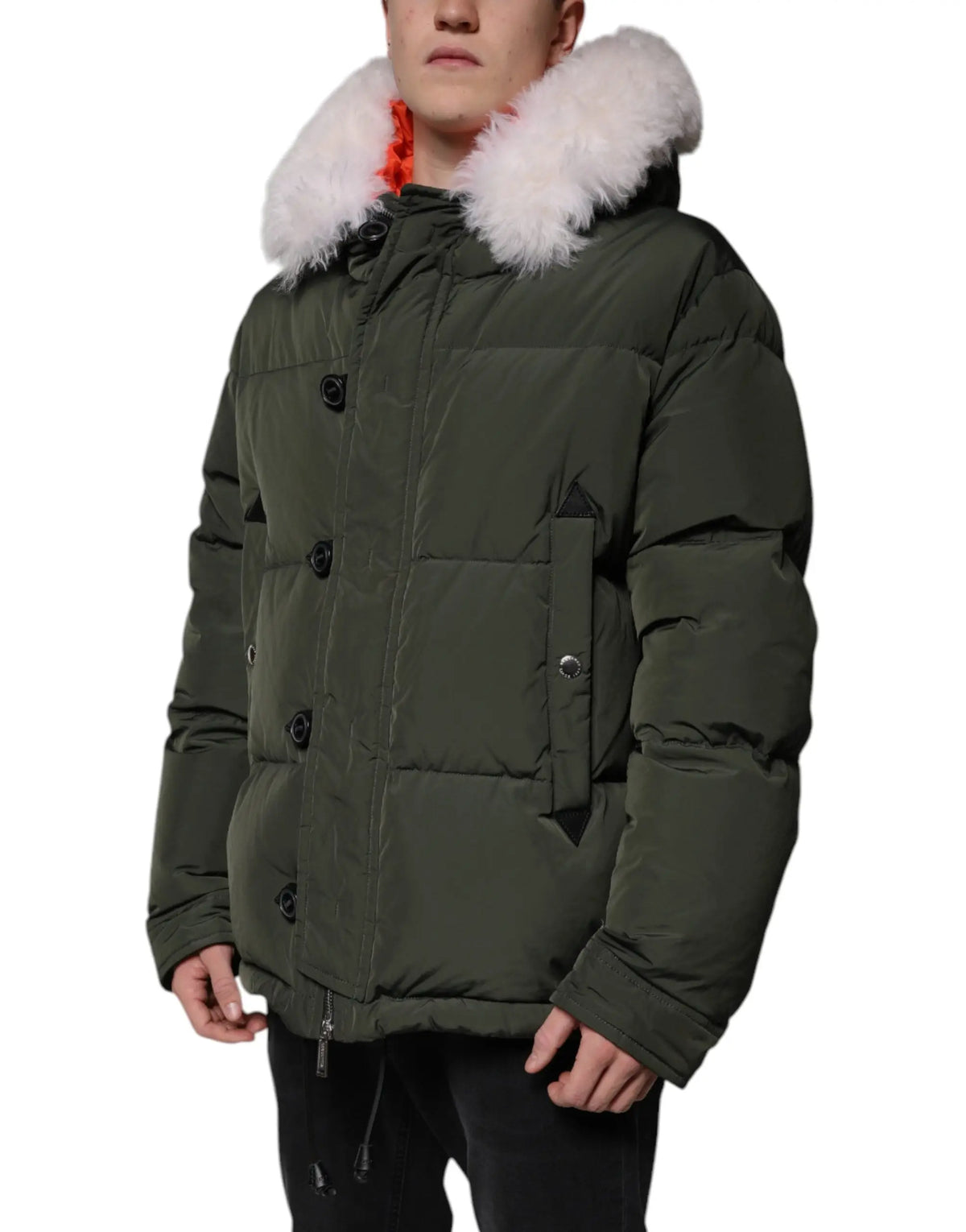 Veste Dsquared² verte en duvet avec capuche doublée de fourrure blanche et boutons noirs