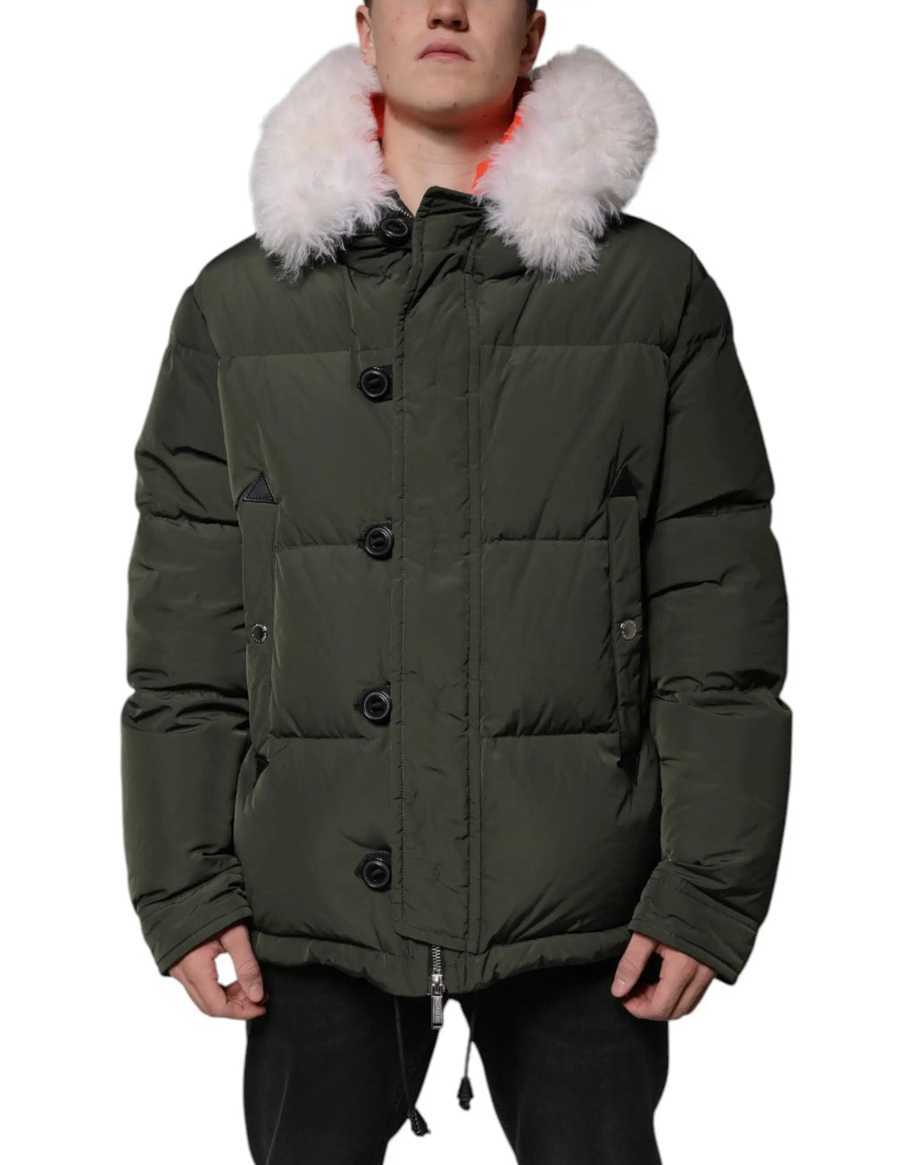 Veste matelassée olive dsquared² avec capuche en fourrure blanche douce et boutons noirs manches longues