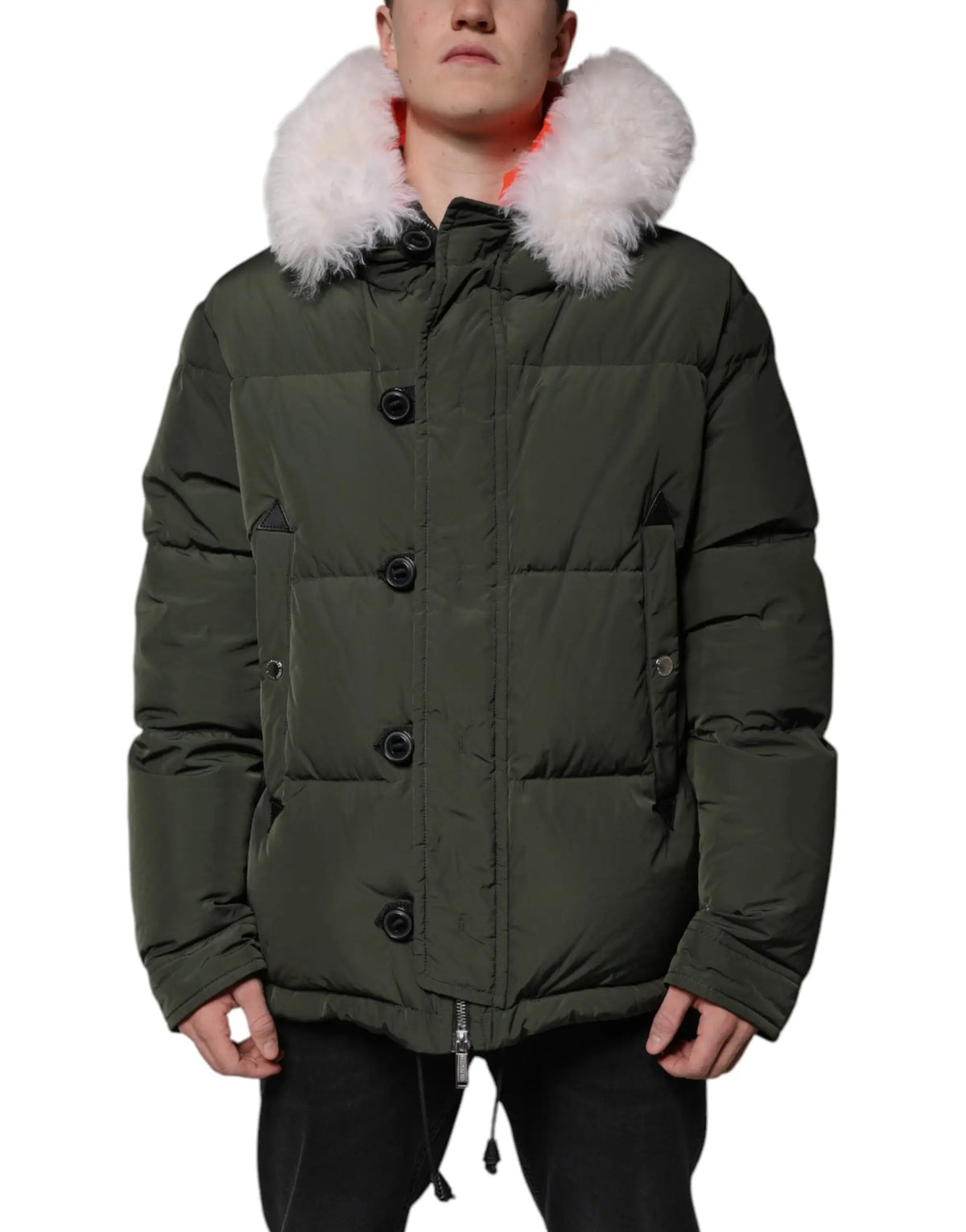 Veste matelassée olive dsquared² avec capuche en fourrure blanche douce et boutons noirs manches longues
