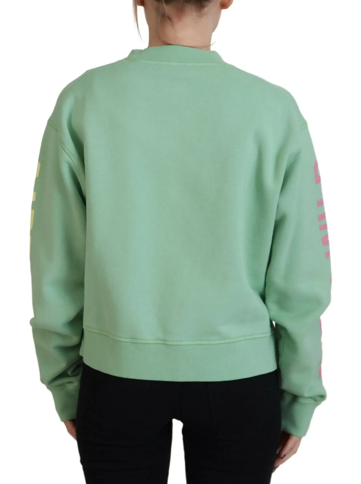 Sweatshirt court vert menthe dsquared² avec lettrage vertical rose et jaune sur les manches manches longues col rond