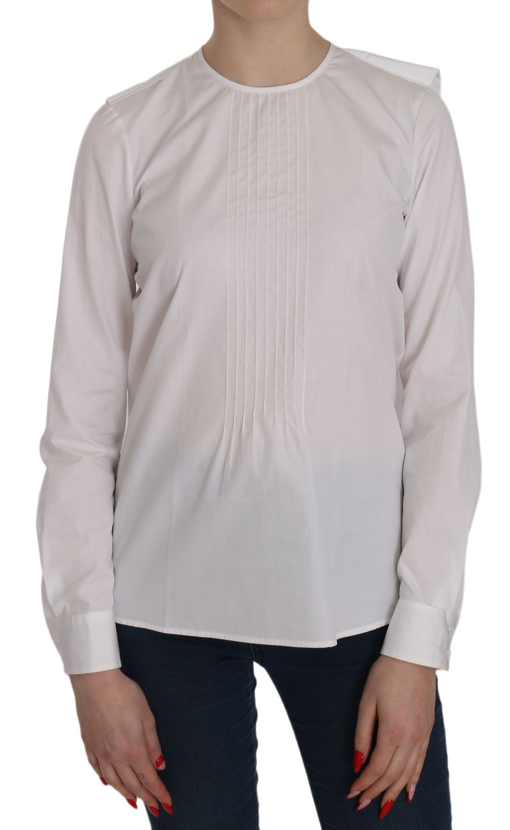 Chemise blanche à manches longues en coton Dsquared² avec col ras du cou, vue de face.