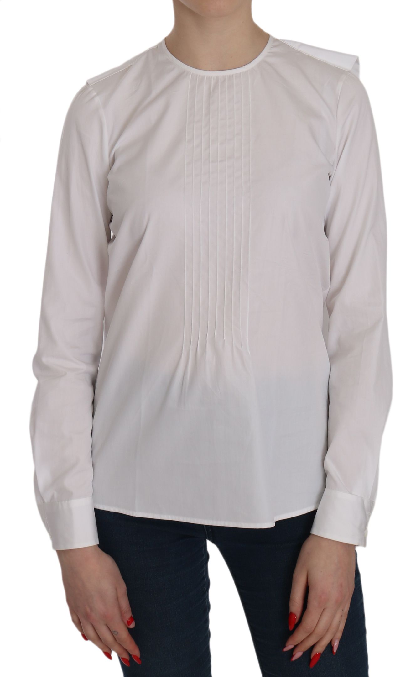 Chemise blanche à manches longues en coton Dsquared² avec col ras du cou, vue de face.