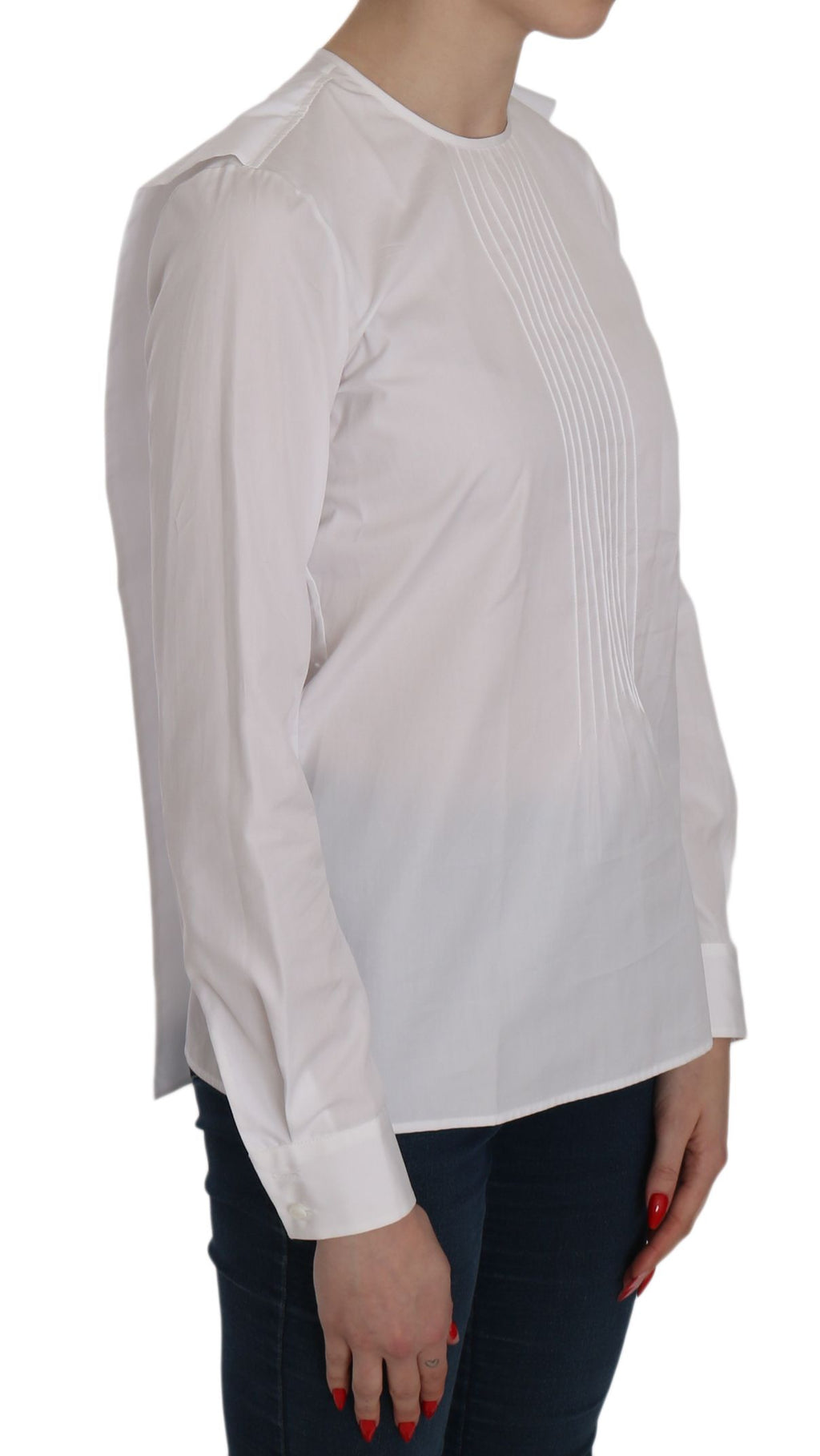Chemise blanche à manches longues en coton de style ras du cou de la marque Dsquared², vue de face.