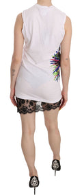 Robe courte moulante sans manches blanche de Dsquared² avec imprimé graphique sur le devant.