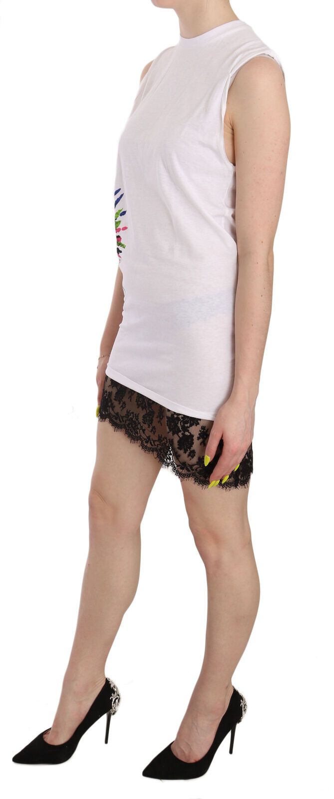 Robe courte moulante sans manches blanche de Dsquared² avec imprimé, col rond et style bodycon.