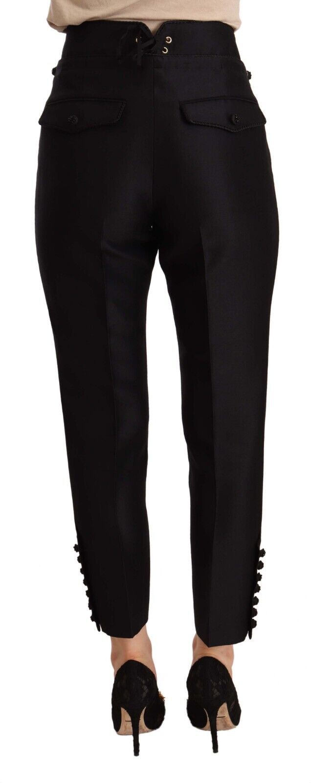Pantalons cropped à taille haute noirs Dsquared² avec boutons décoratifs et embellissements, vue de face.
