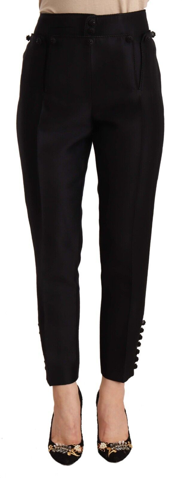Pantalons cropped taille haute noirs Dsquared² avec boutons ornés, style élégant et tendance, vue de face.