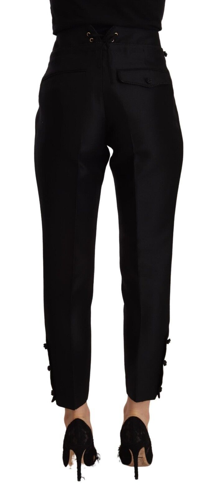 Pantalons skinny en laine noire pour femmes de la marque Dsquared², taille haute et ajustés, visibles dans l'image.