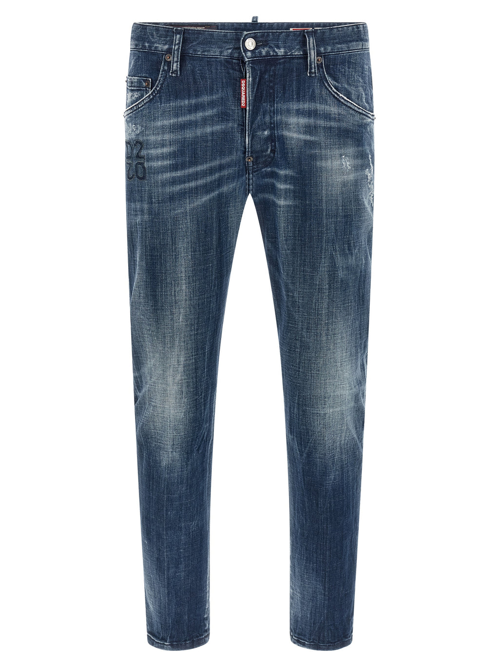 Jeans bleus en coton à coupe décontractée de Dsquared², style confortable et tendance, vue frontale montrant la poche et la taille