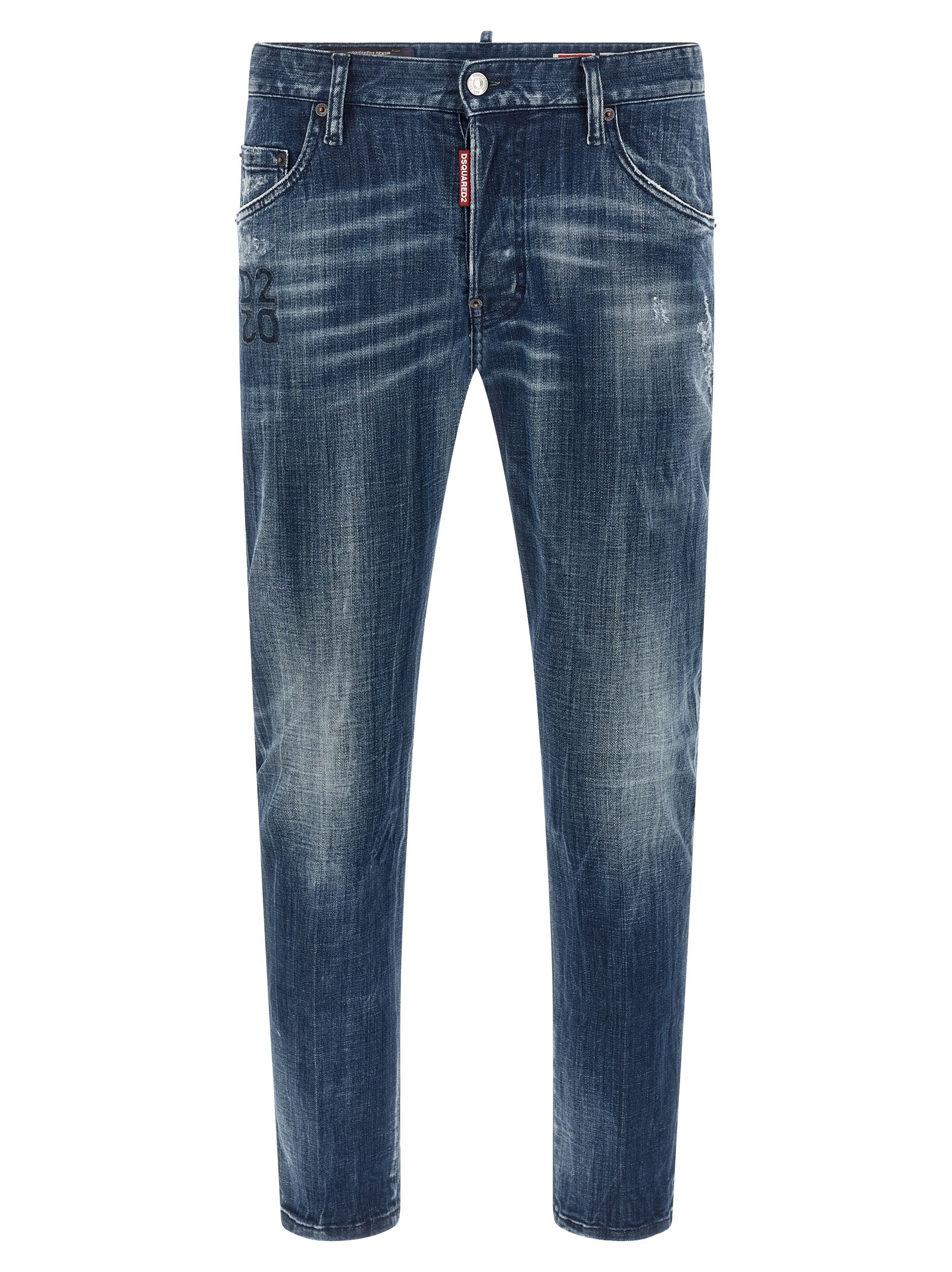 Jeans bleus en coton à coupe décontractée de Dsquared², style confortable et tendance, vue frontale montrant la poche et la taille