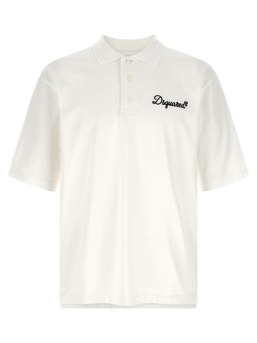 Chemise polo blanche en coton de la marque Dsquared², avec col classique et logo discret visible sur l'image.