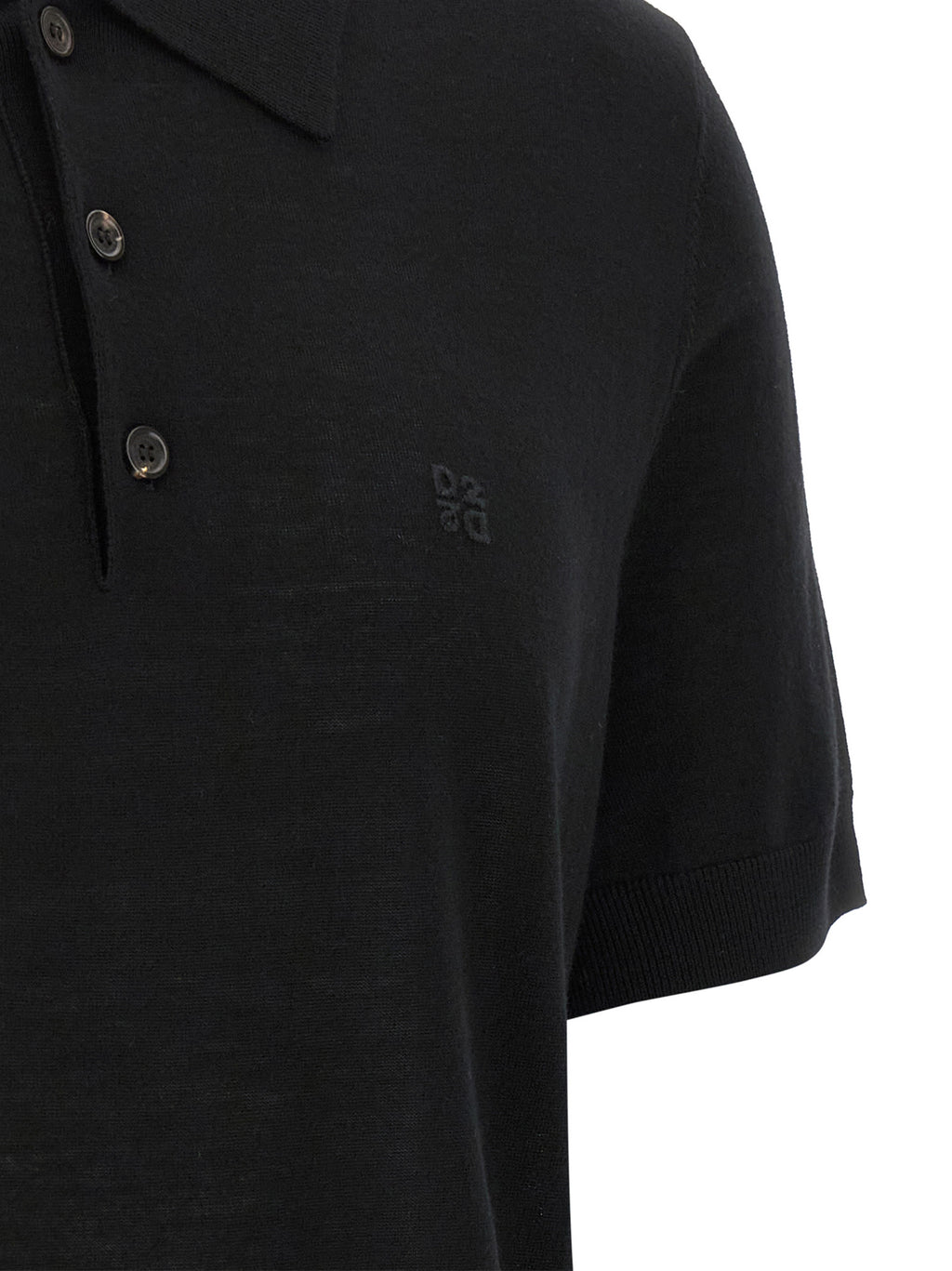Chemise polo en laine noire Dsquared² avec col classique et logo brodé, portée sur un mannequin.
