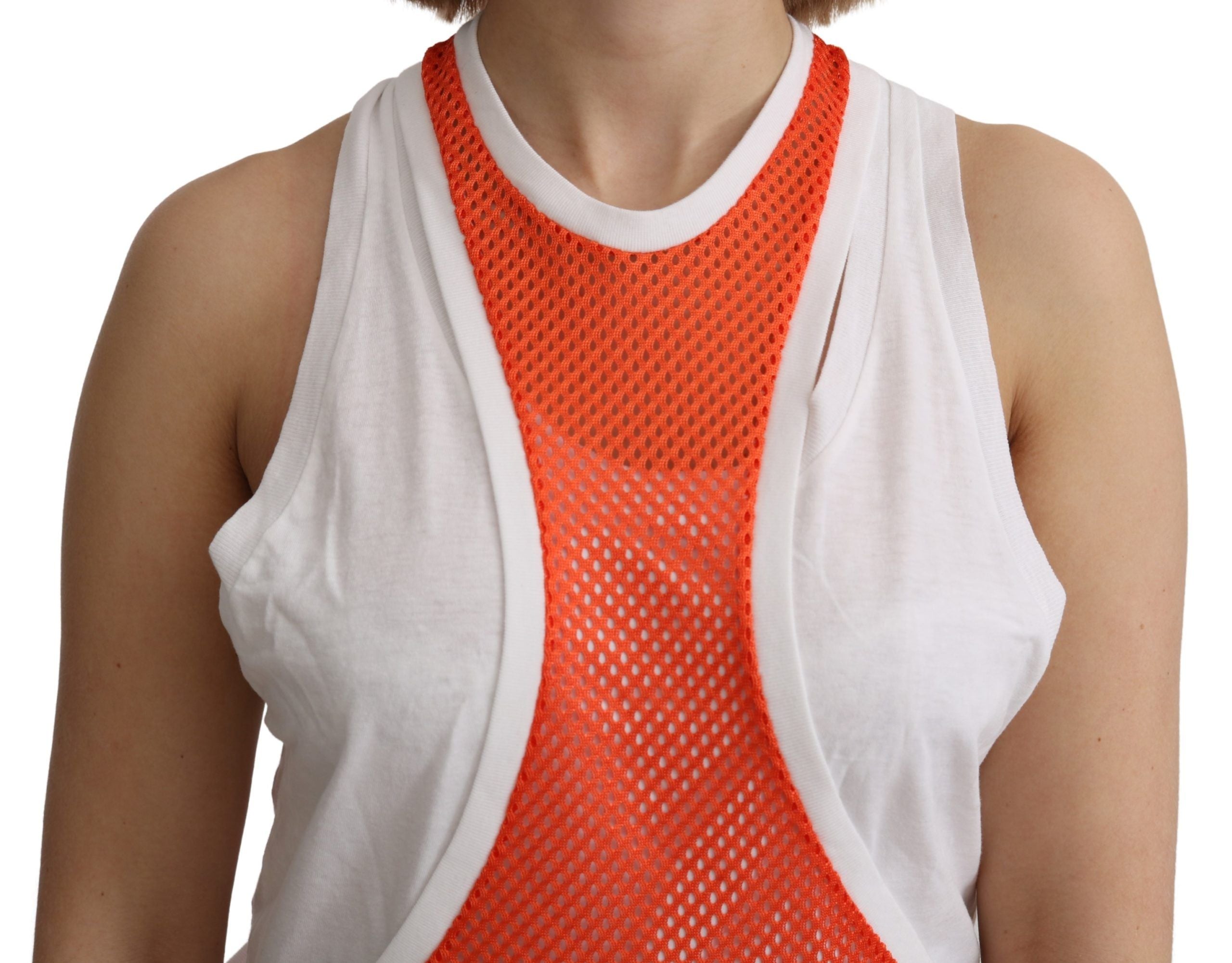T-shirt sans manches Dsquared² orange et blanc, robe courte ou haut décontracté, vue en gros plan.