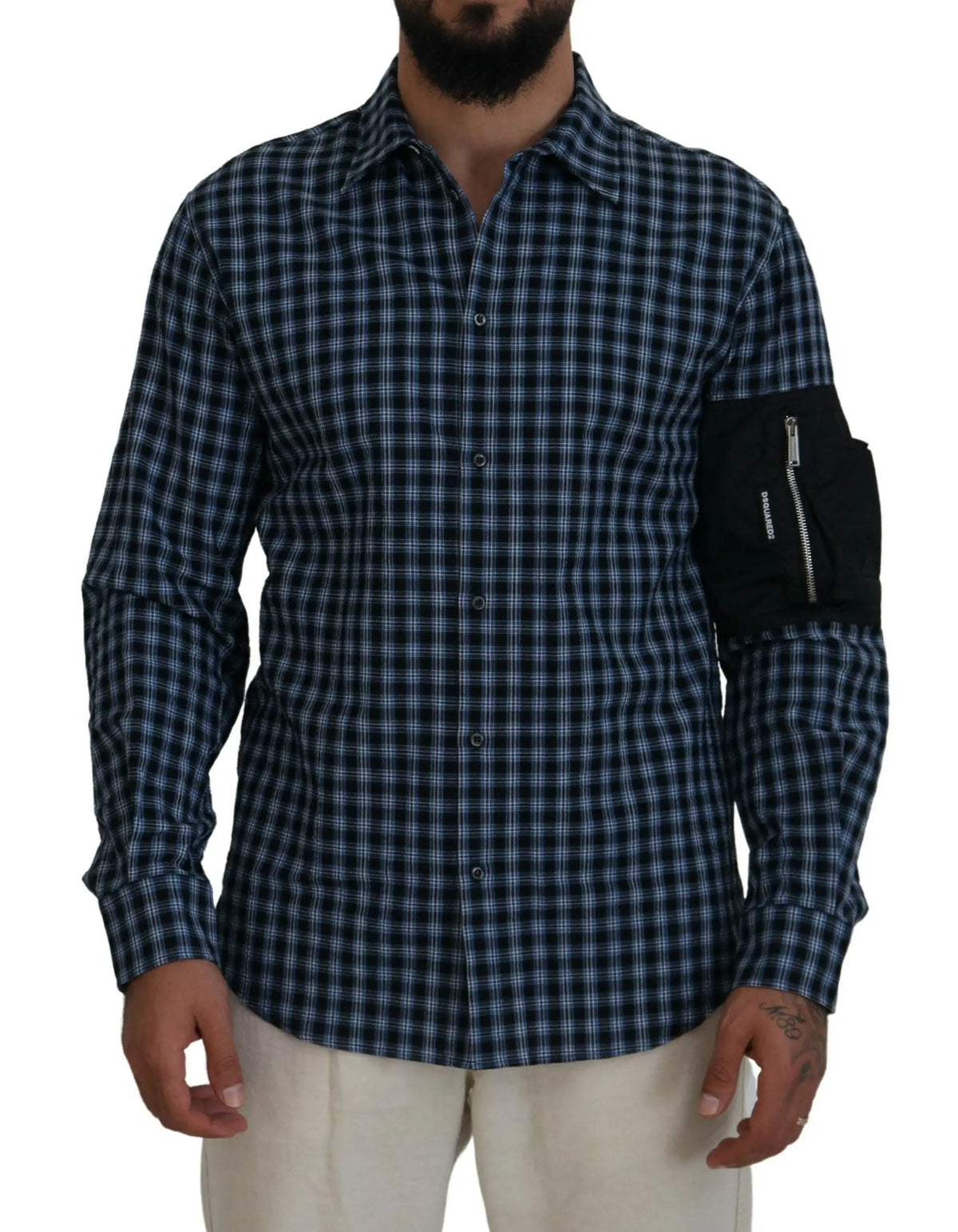 Chemise à manches longues dsquared² multicolore noir à carreaux bleu foncé et blanc avec patch zippé noir sur la manche gauche