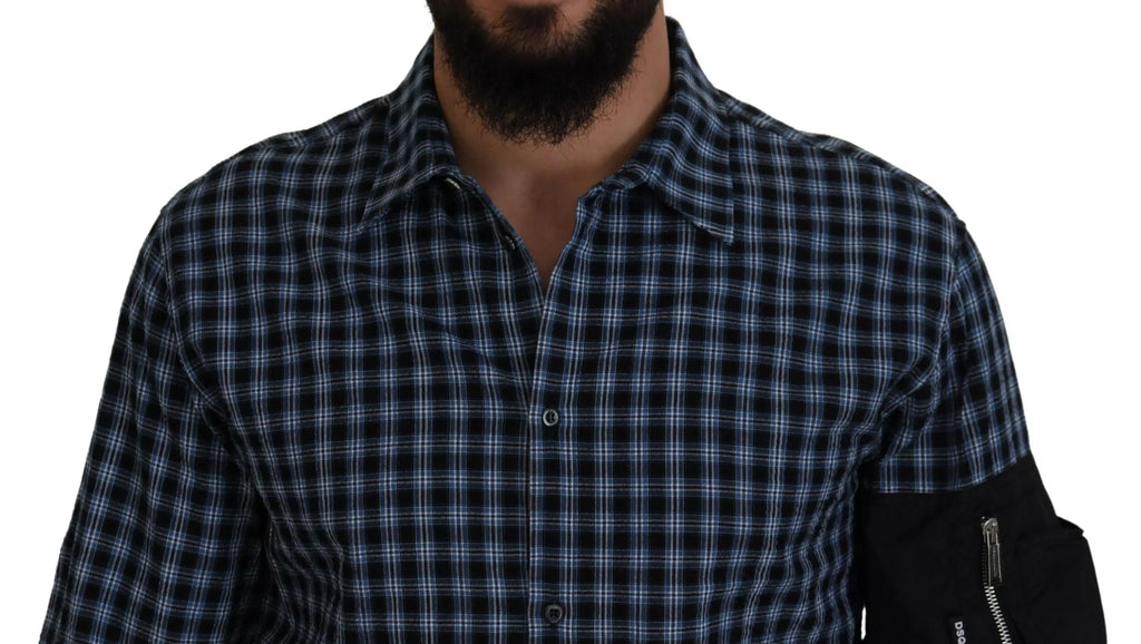 Chemise homme dsquared² multicolore manches longues à carreaux bleu marine et blanc avec patch noir zippé au bras