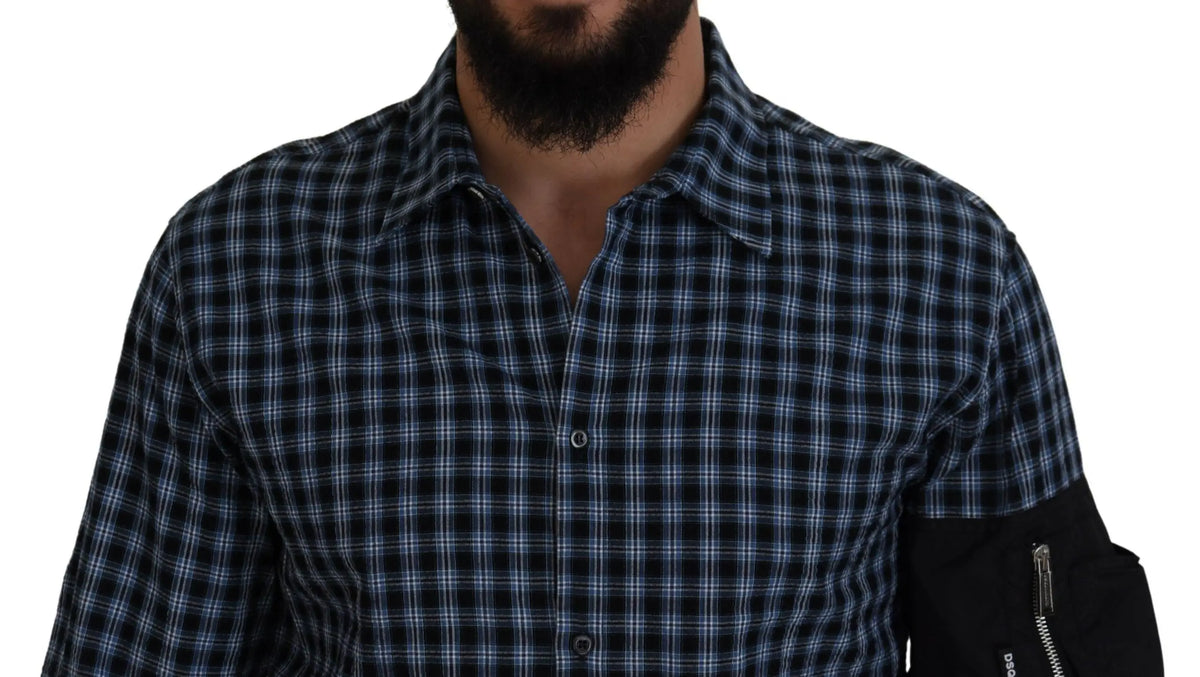 Chemise homme dsquared² multicolore manches longues à carreaux bleu marine et blanc avec patch noir zippé au bras