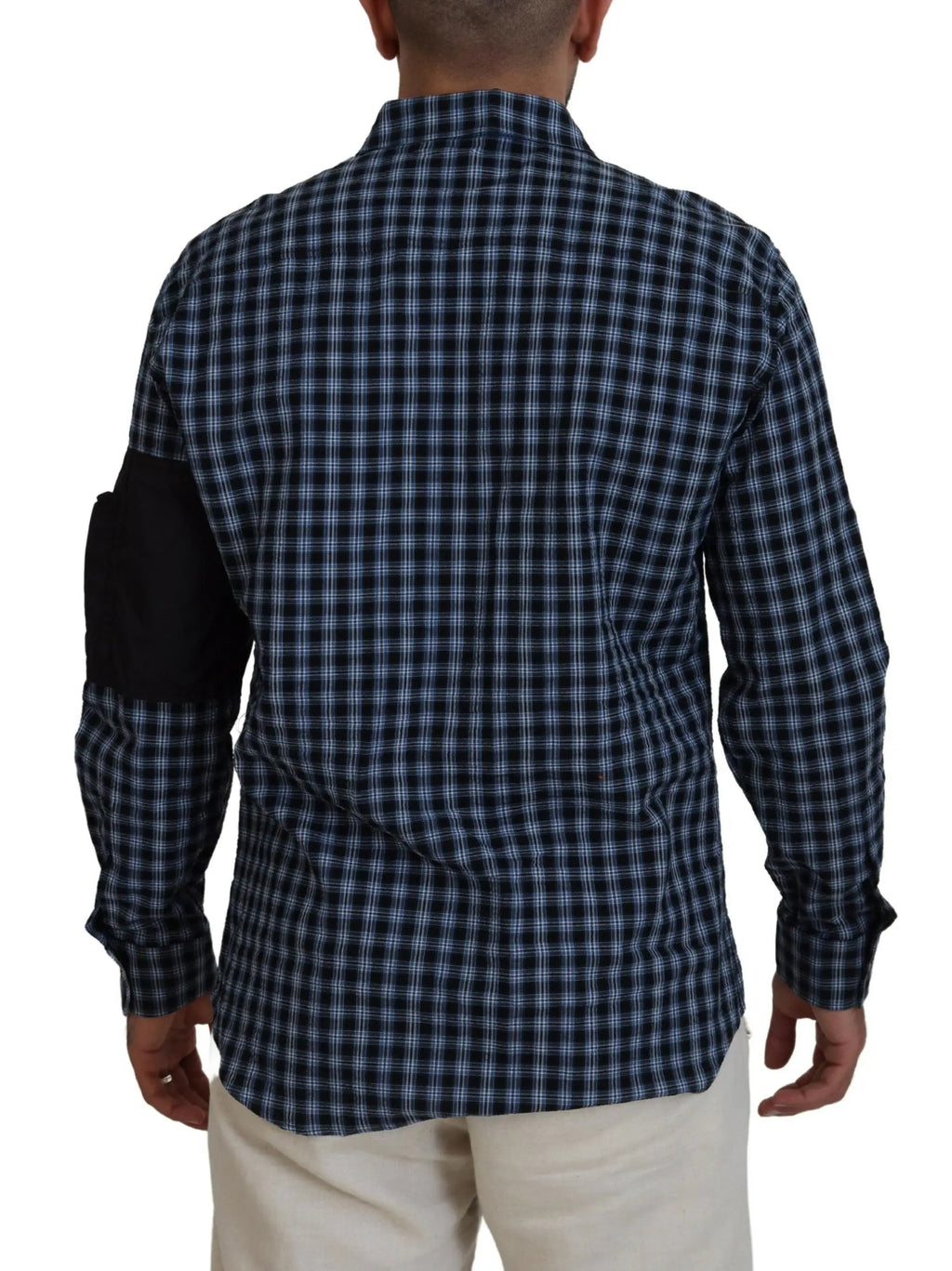 Chemise homme à manches longues dsquared² en coton à carreaux bleu marine et blanc avec patch noir sur la manche gauche