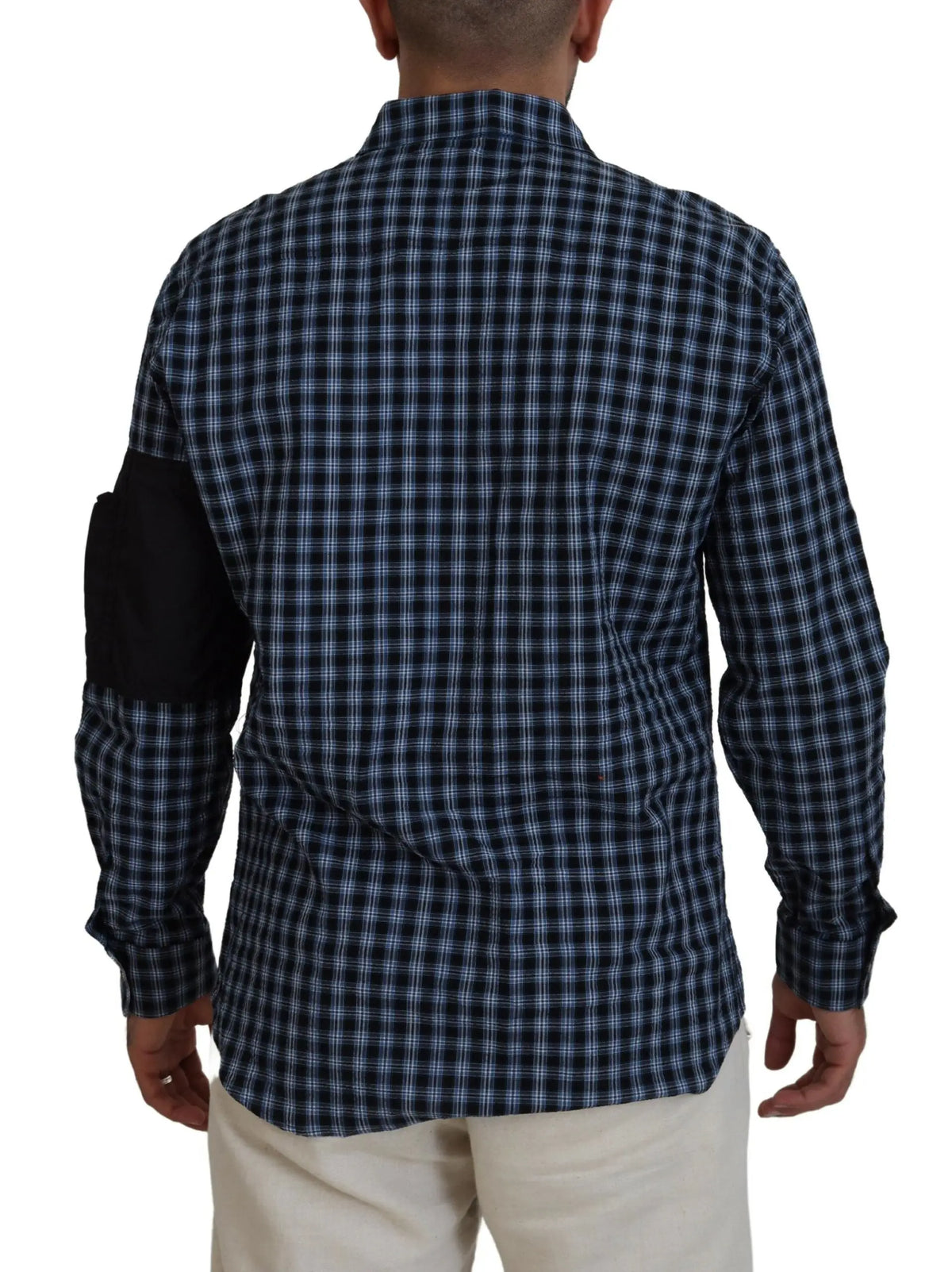 Chemise homme à manches longues dsquared² en coton à carreaux bleu marine et blanc avec patch noir sur la manche gauche
