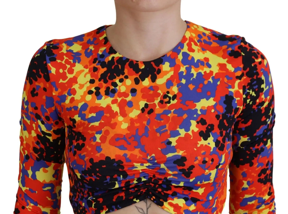 Vibrant blouse crop top dsquared² multicolor avec manches longues et imprimé abstrait orange bleu jaune noir
