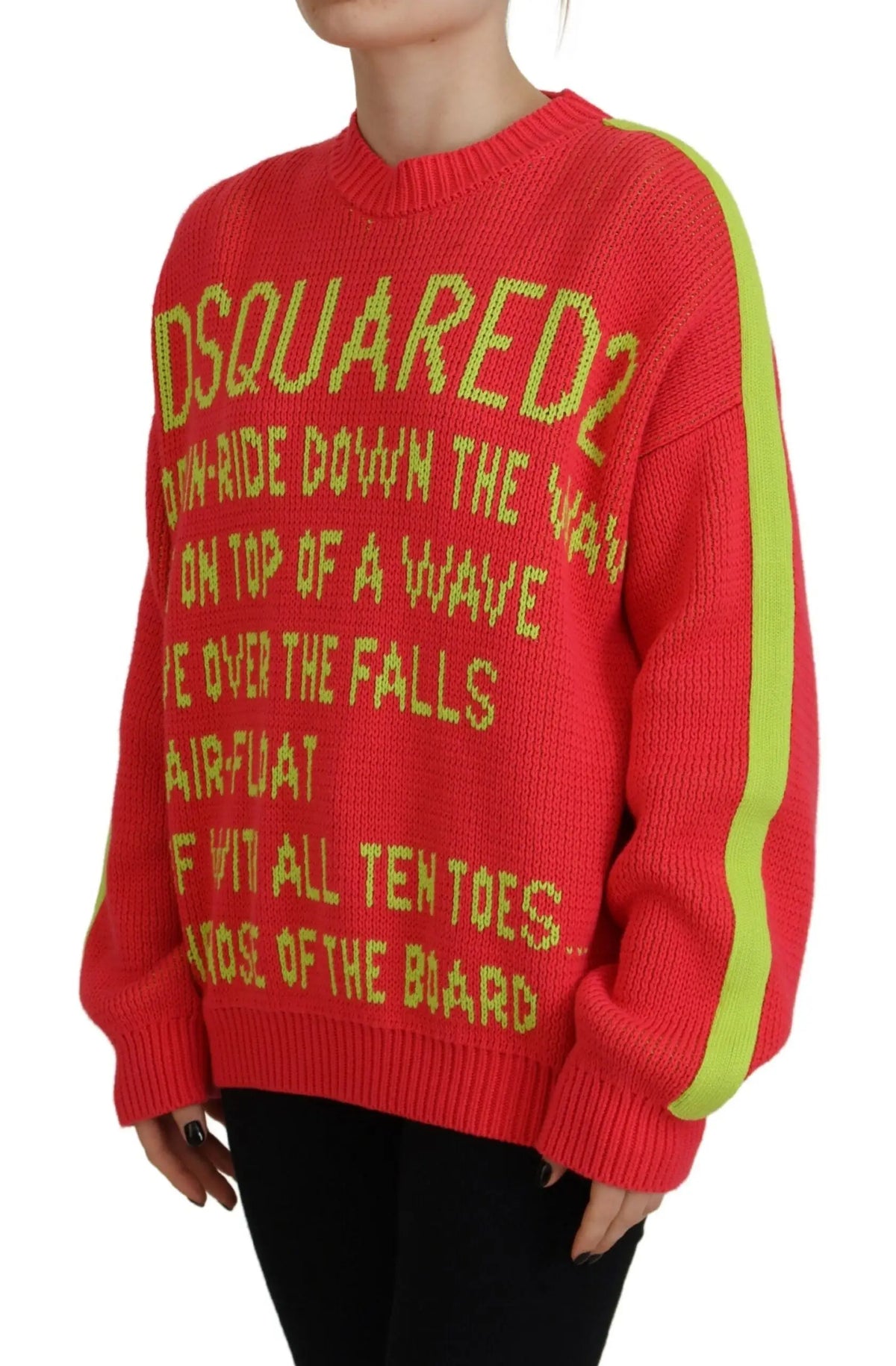 Pull en coton multicolore dsquared² rouge avec rayures vert fluo sur les côtés et logo jaune sur la poitrine
