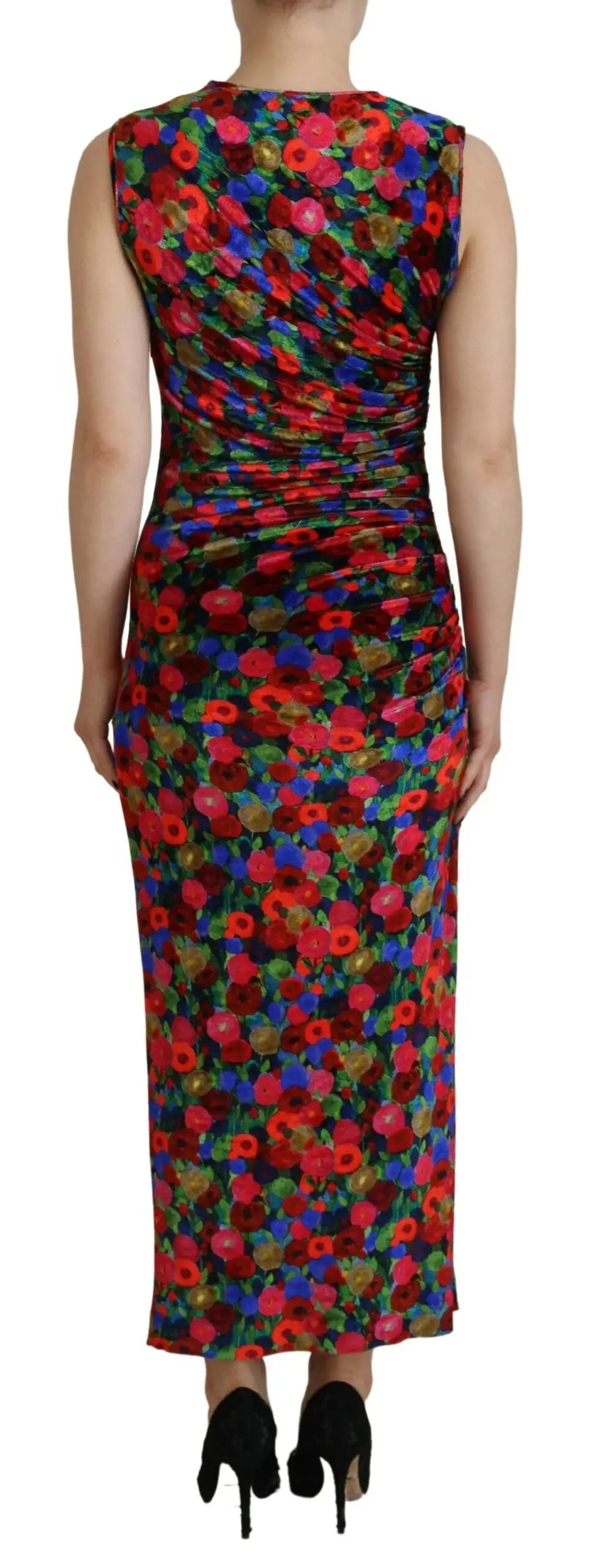 Robe midi sans manches dsquared² à imprimé floral multicolore avec dos froncé en rouge bleu et vert