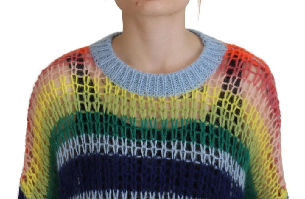 Pull à col rond dsquared² multicolore en mohair avec rayures arc-en-ciel et en maille ajourée bleu clair au col côtelé