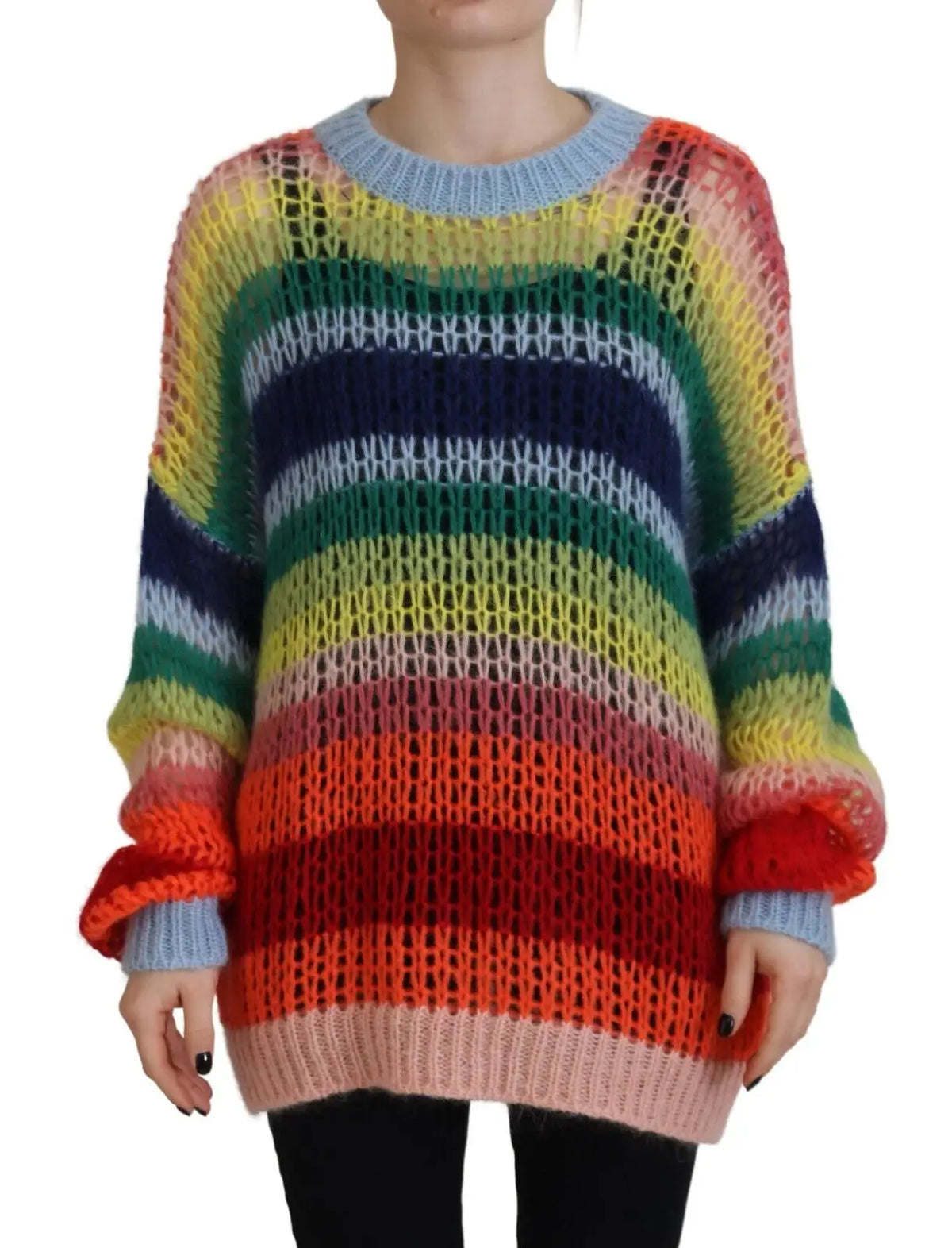 Pull en maille mohair dsquared² multicolore à rayures arc-en-ciel avec texture duveteuse et poignets côtelés bleu pastel