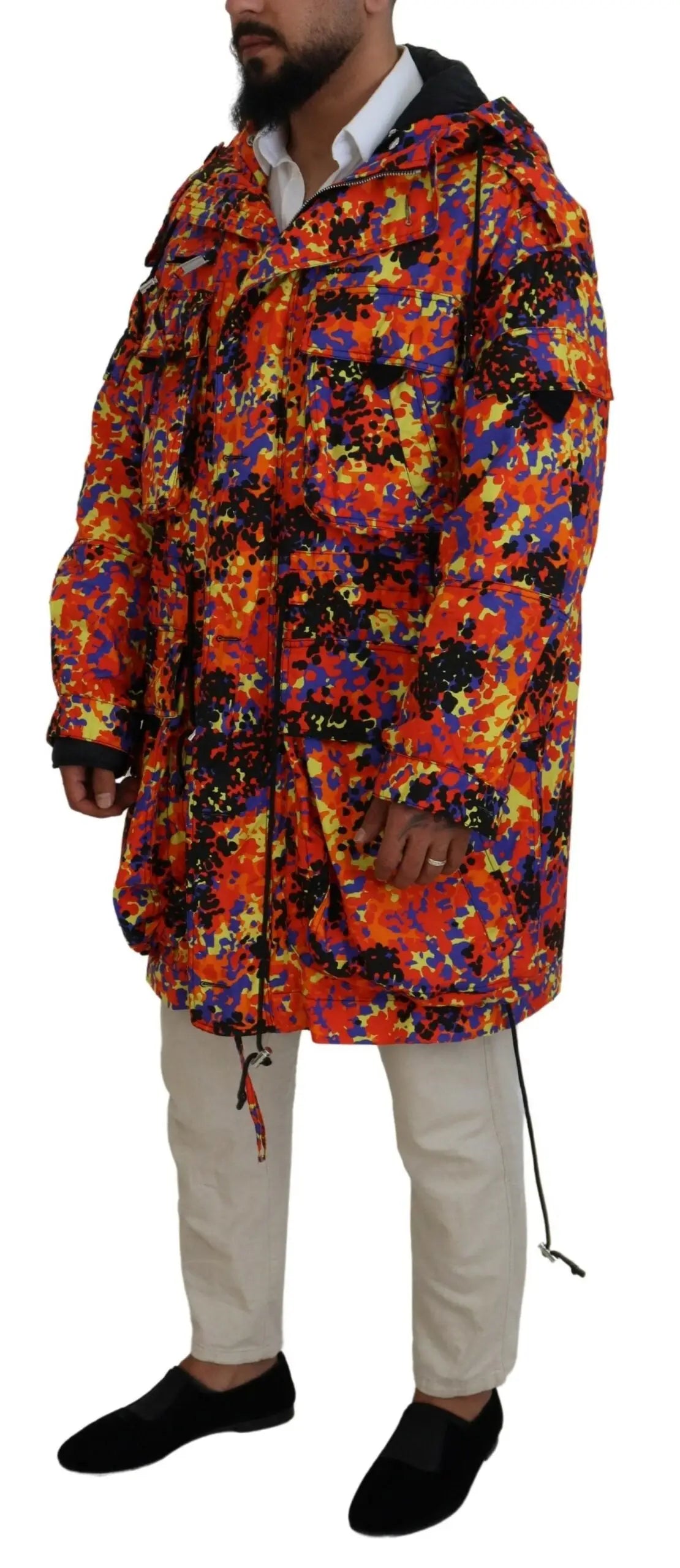 Dsquared² manteau long multicolore à capuche avec motif floral orange, violet et noir et poches cargo