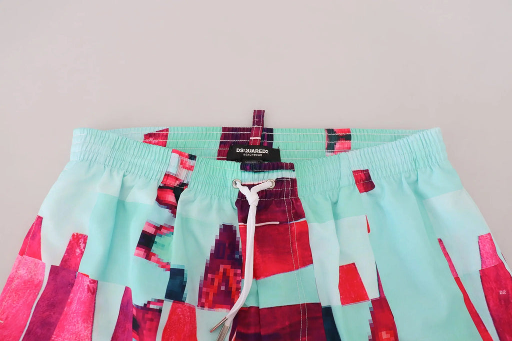 Short de bain multicolore dsquared² pour homme avec motif géométrique audacieux en vert menthe, rouge et noir avec ceinture élastique