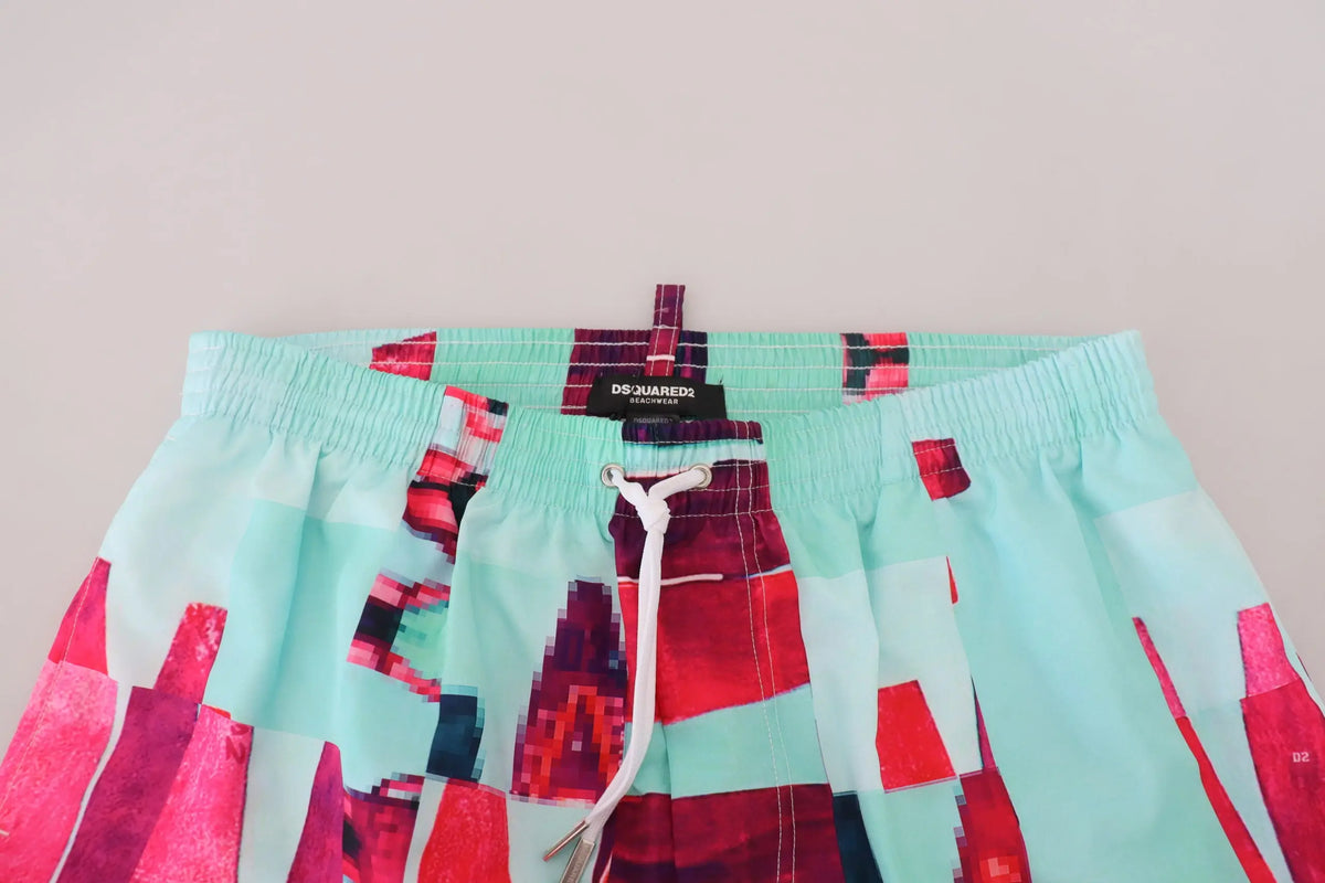 Short de bain multicolore dsquared² pour homme avec motif géométrique audacieux en vert menthe, rouge et noir avec ceinture élastique