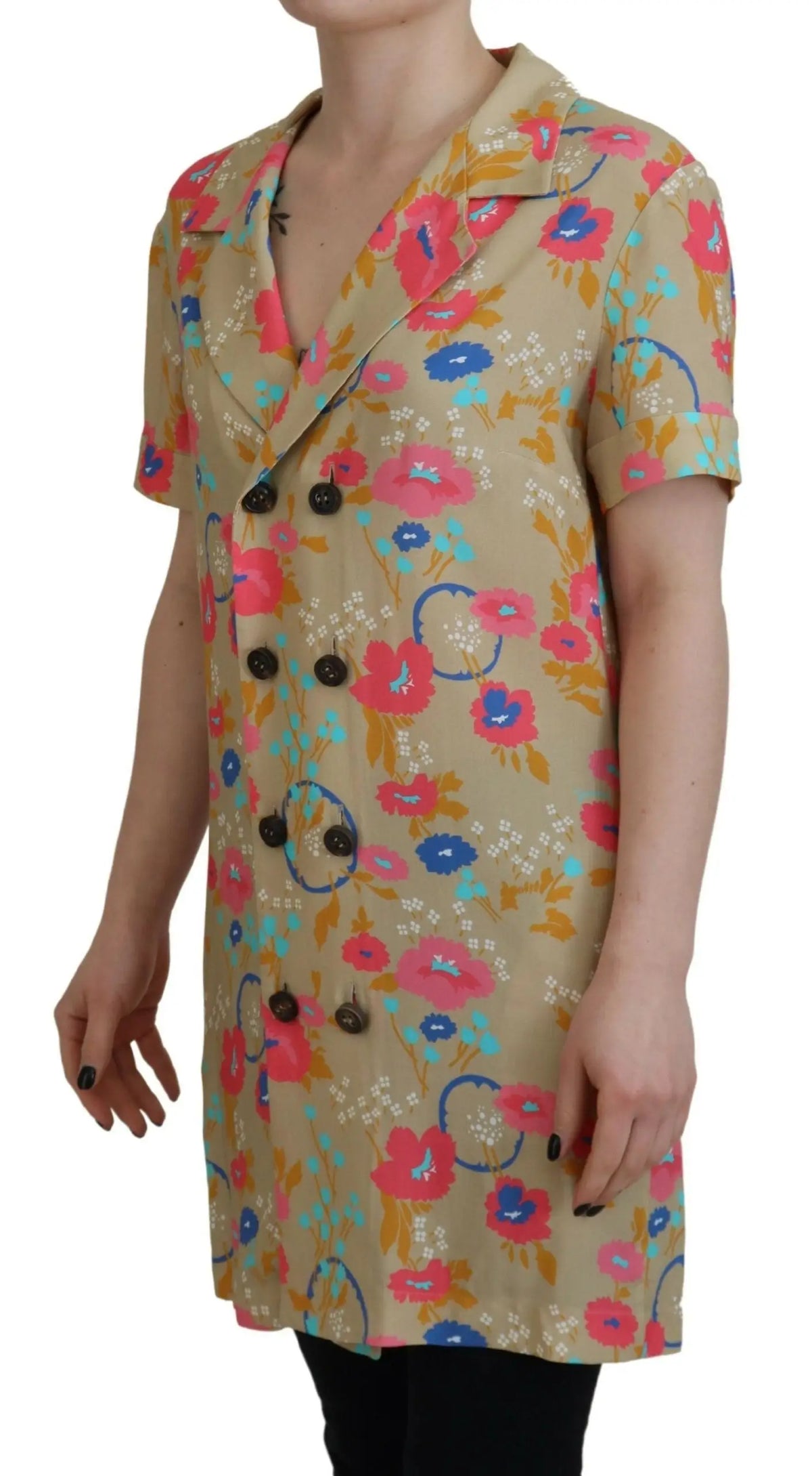 Robe beige à manches courtes à imprimé floral multicolore avec boutons croisés dsquared²