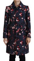 Dsquared² manteau long femme bleu marine à motif floral multicolore avec boutons noirs élégant