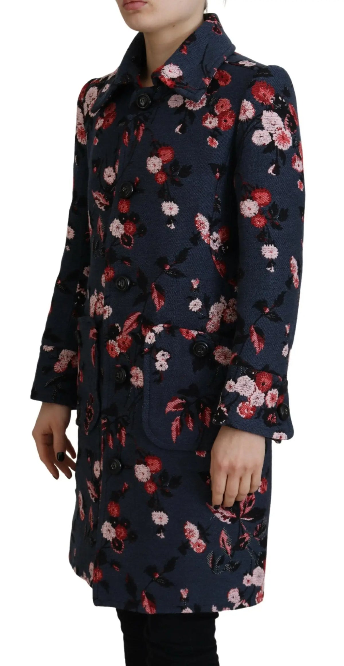 Manteau long blazer femme dsquared² bleu marine avec motif floral multicolore rouge rose et blanc