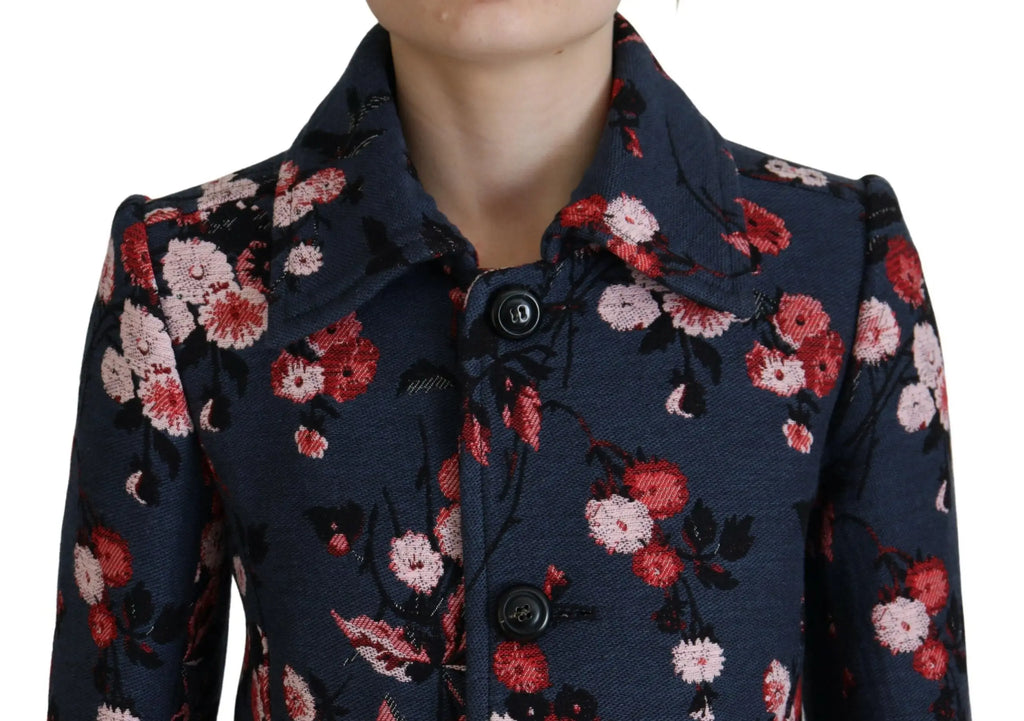 Dsquared² manteau blazer long femme bleu marine à motif floral avec fleurs rouges et roses et feuilles noires