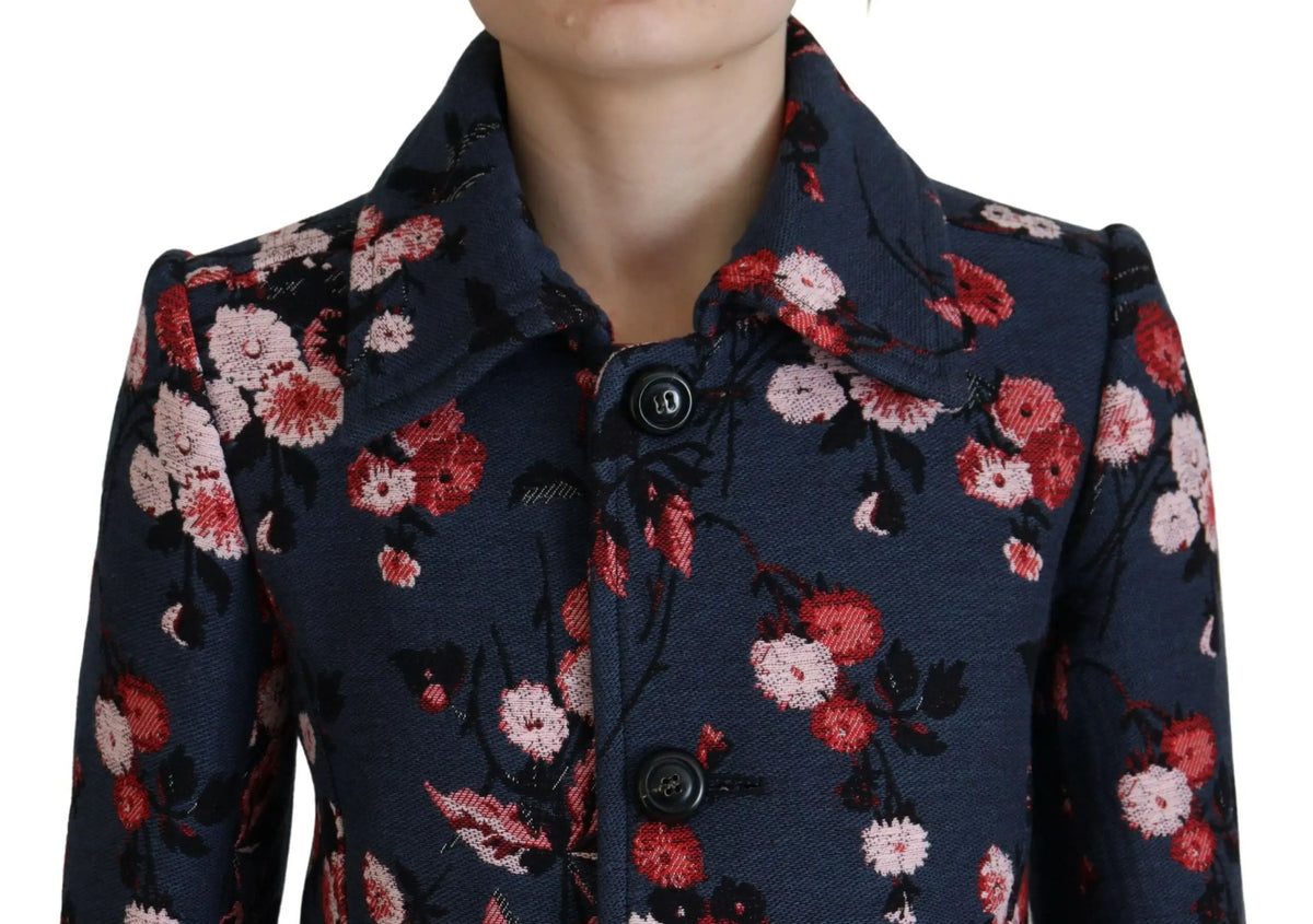 Dsquared² manteau blazer long femme bleu marine à motif floral avec fleurs rouges et roses et feuilles noires