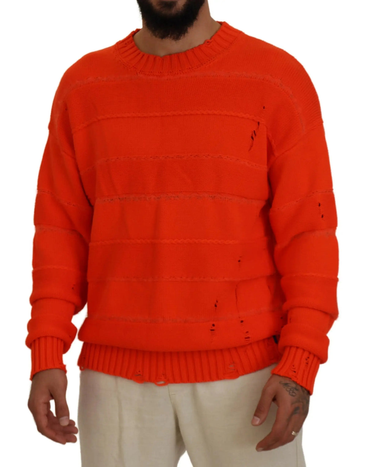 Vibrant orange dsquared² cotton pullover sweater with long sleeves, horizontal ribbed stripes, and distressed holes