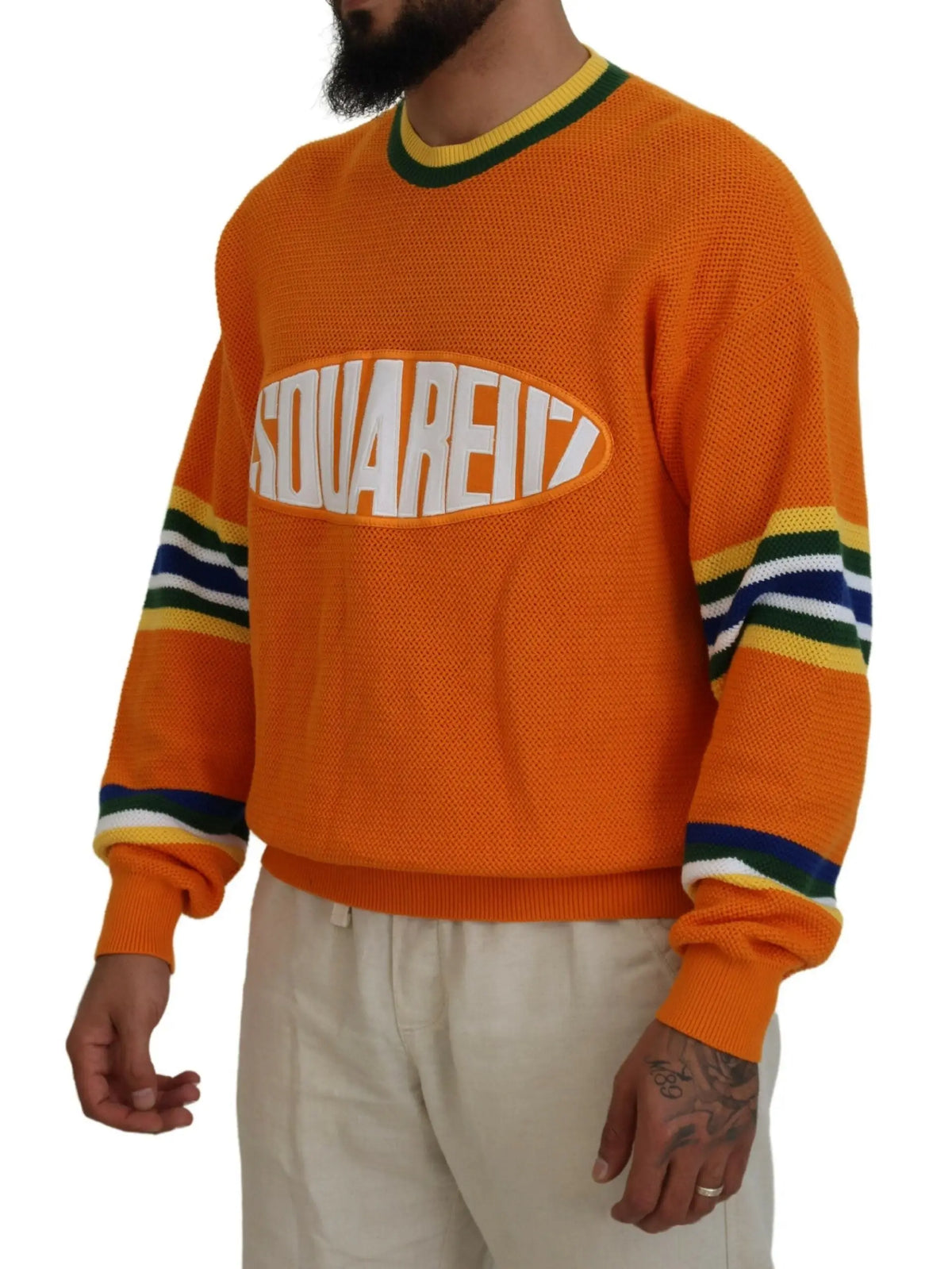 Pull Dsquared² orange en maille pour homme avec logo square17 blanc col côtelé vert jaune et poignets rayés bleu vert jaune