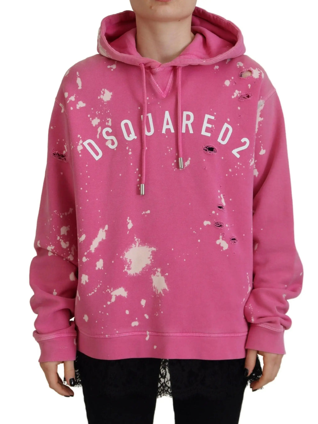 Sweat à capuche en coton dsquared² rose avec logo imprimé, taches de peinture blanches et détails usés