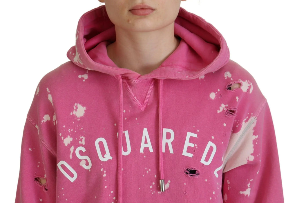 Sweat à capuche en coton rose dsquared² avec logo imprimé, éclaboussures blanches et détails déchirés