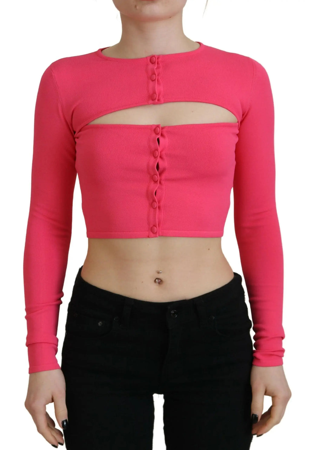Dsquared² top court à manches longues en viscose rose fuchsia avec texture côtelée et boutonnières devant