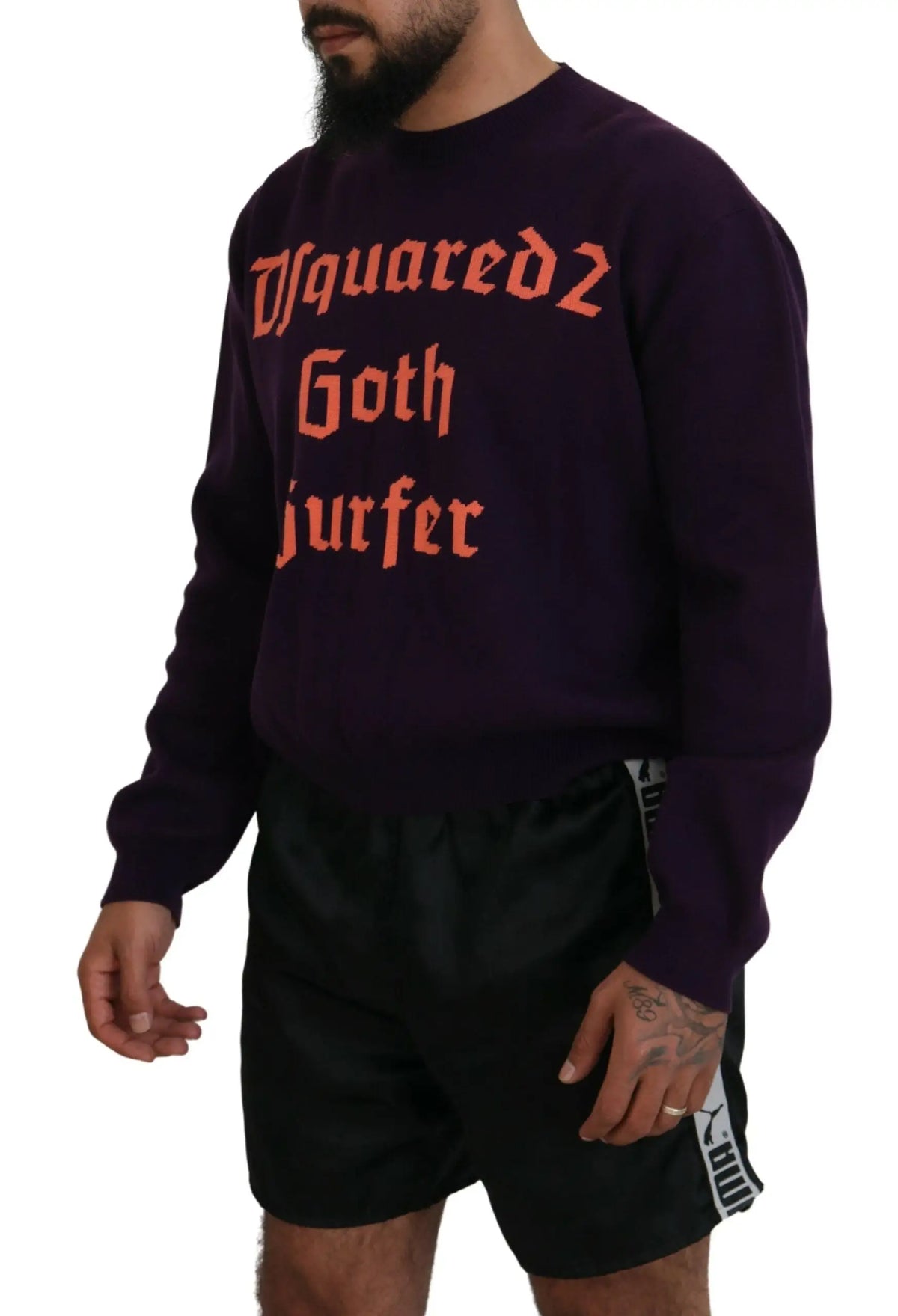 Sweatshirt dsquared² en coton violet foncé avec lettrage orange gothique imprimé sur la poitrine